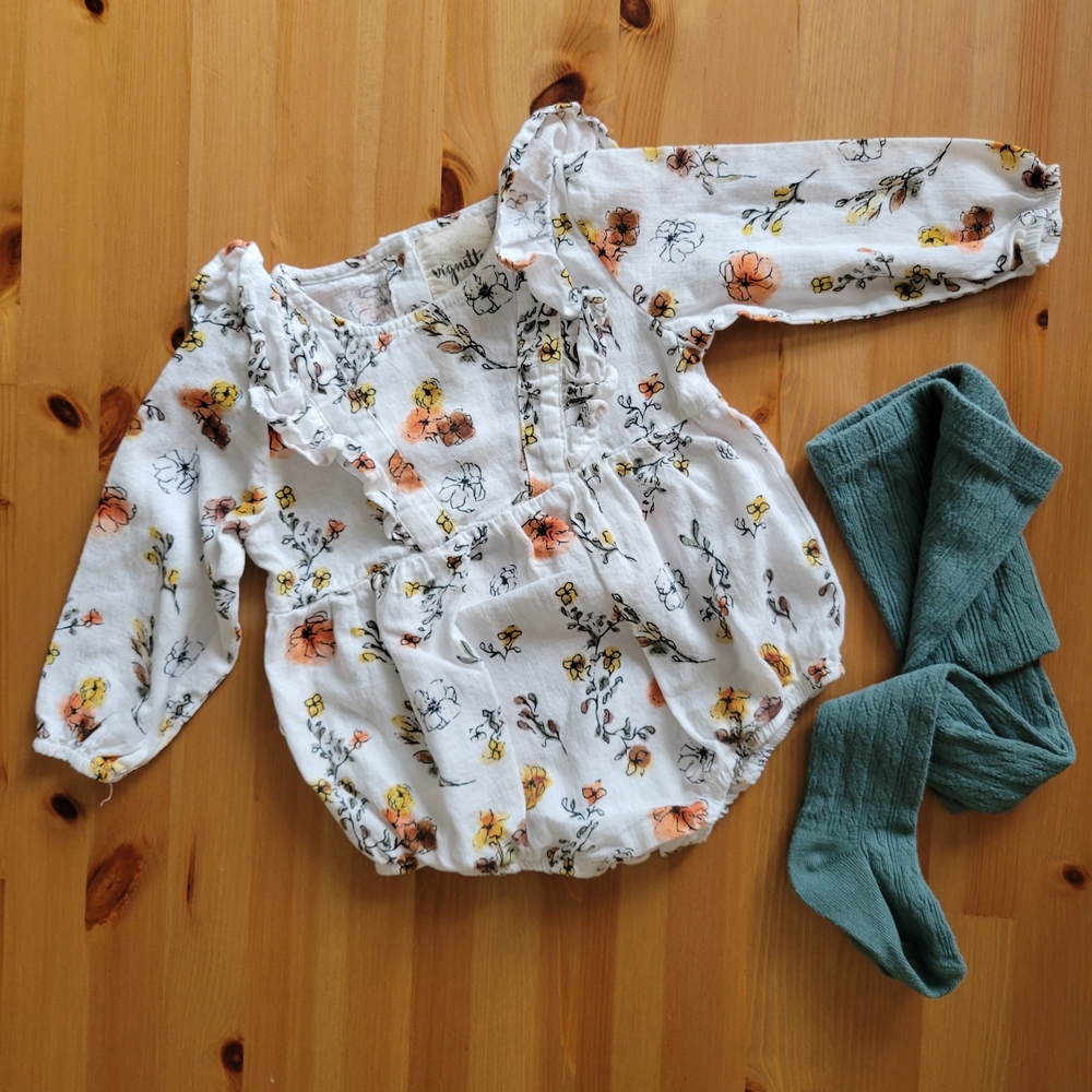 Vignette Floral Bubble Romper with Teal Tights - EUC 9-12m $18